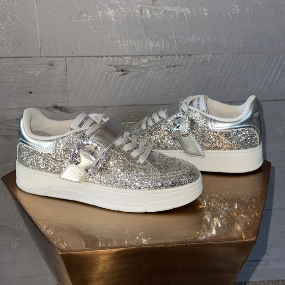 Authentic Jimmy Choo silver glittered & crystal Osaka sneakers - Picture 2 of 8